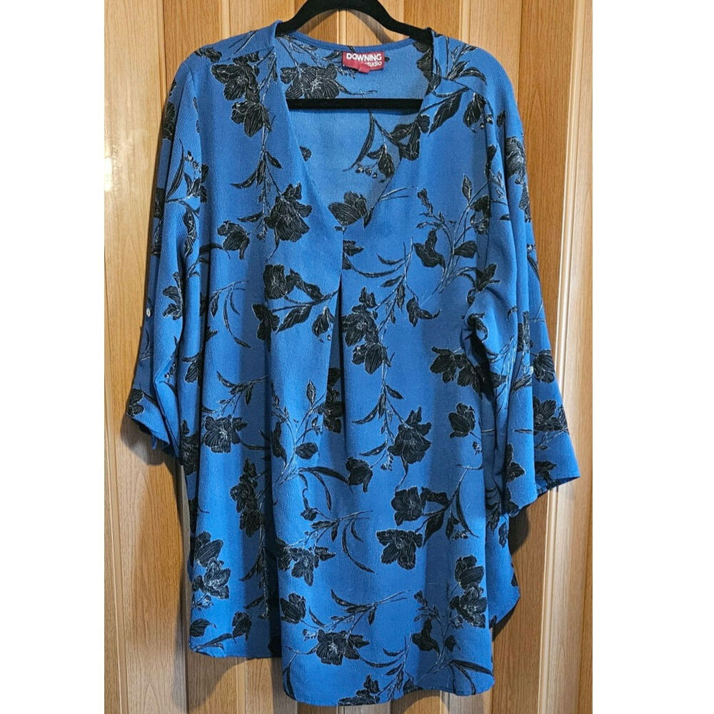 Downing Studios 3X Blue and Black V-Neck Blouse